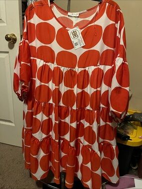 Oversized Orange Polka Dot Tiered Midi Dress